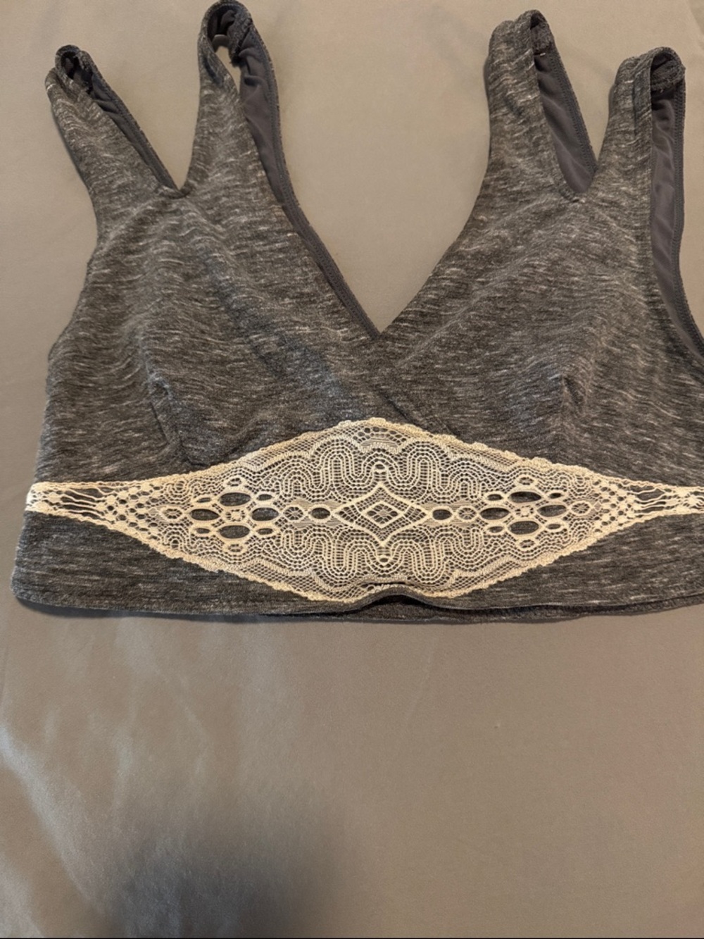 Gray Lace-Trim Bralette with Cream Crochet Detail
